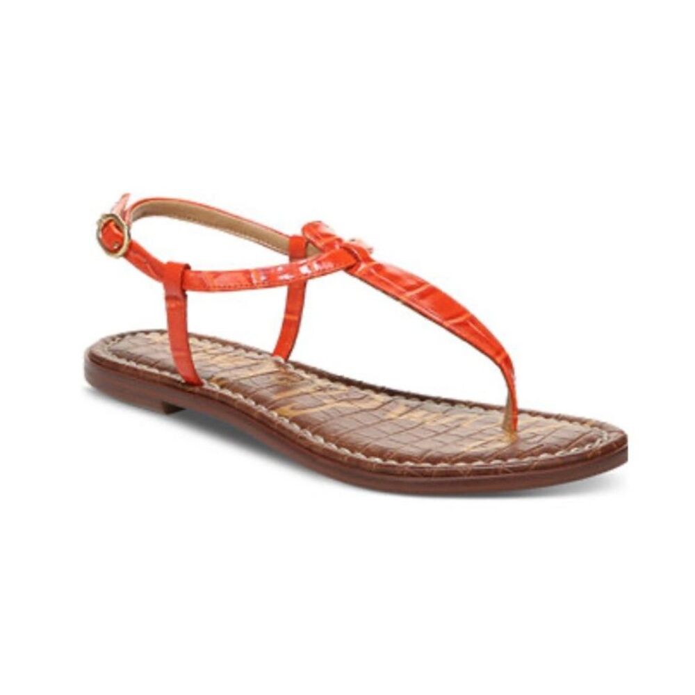 Sam Edelman Gigi T-Strap Flat Sandals Orange Croc Embossed Leather Size 7.5M
